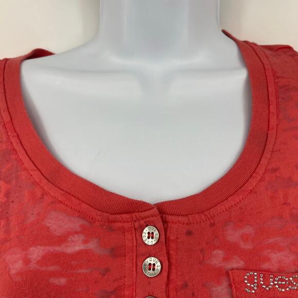 Guess Y2K Burnout Henley Womens Top Sz S Coral Sheer Coquette Grunge Bling Logo - Picture 3 of 12